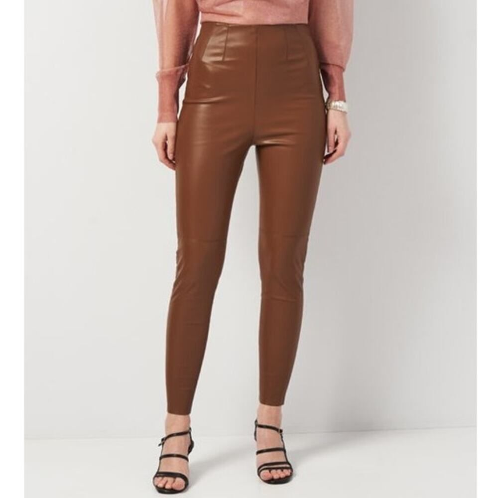 Zara Brown High Waisted Faux Leather Leggings Vegan Cognac Suede Lined Pants